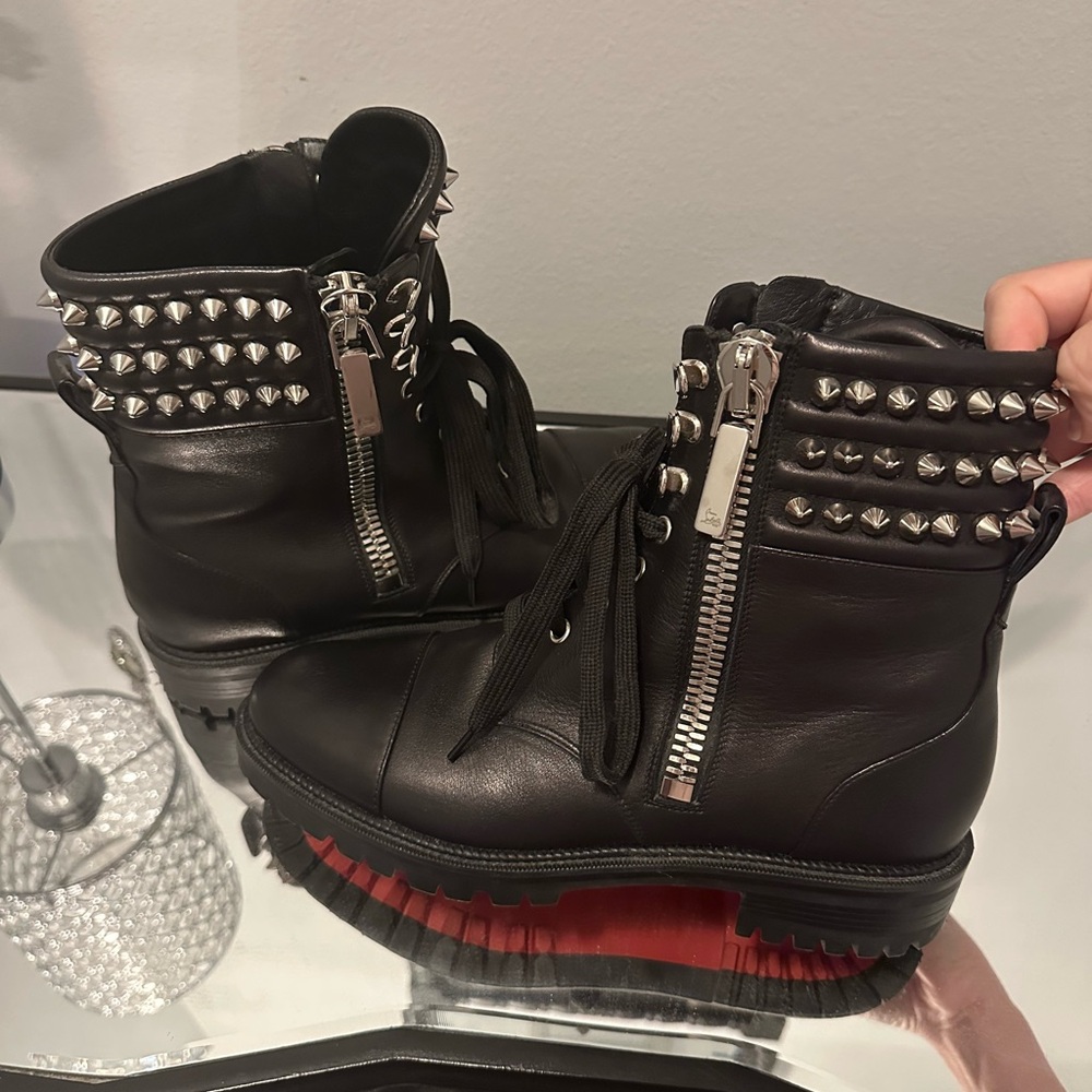 Christian Louboutin Black Leather Studded Platform Combat Boots with Red Sole